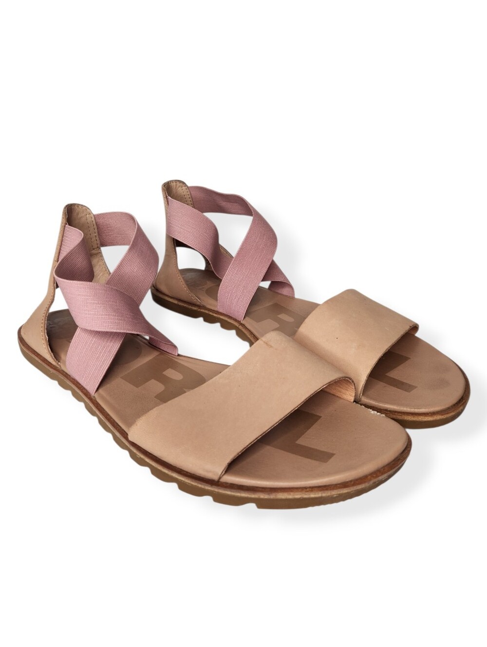 Sorel Ella Flat Sandals Pink Elastic Crossover Tan Strap Sandals Size 12